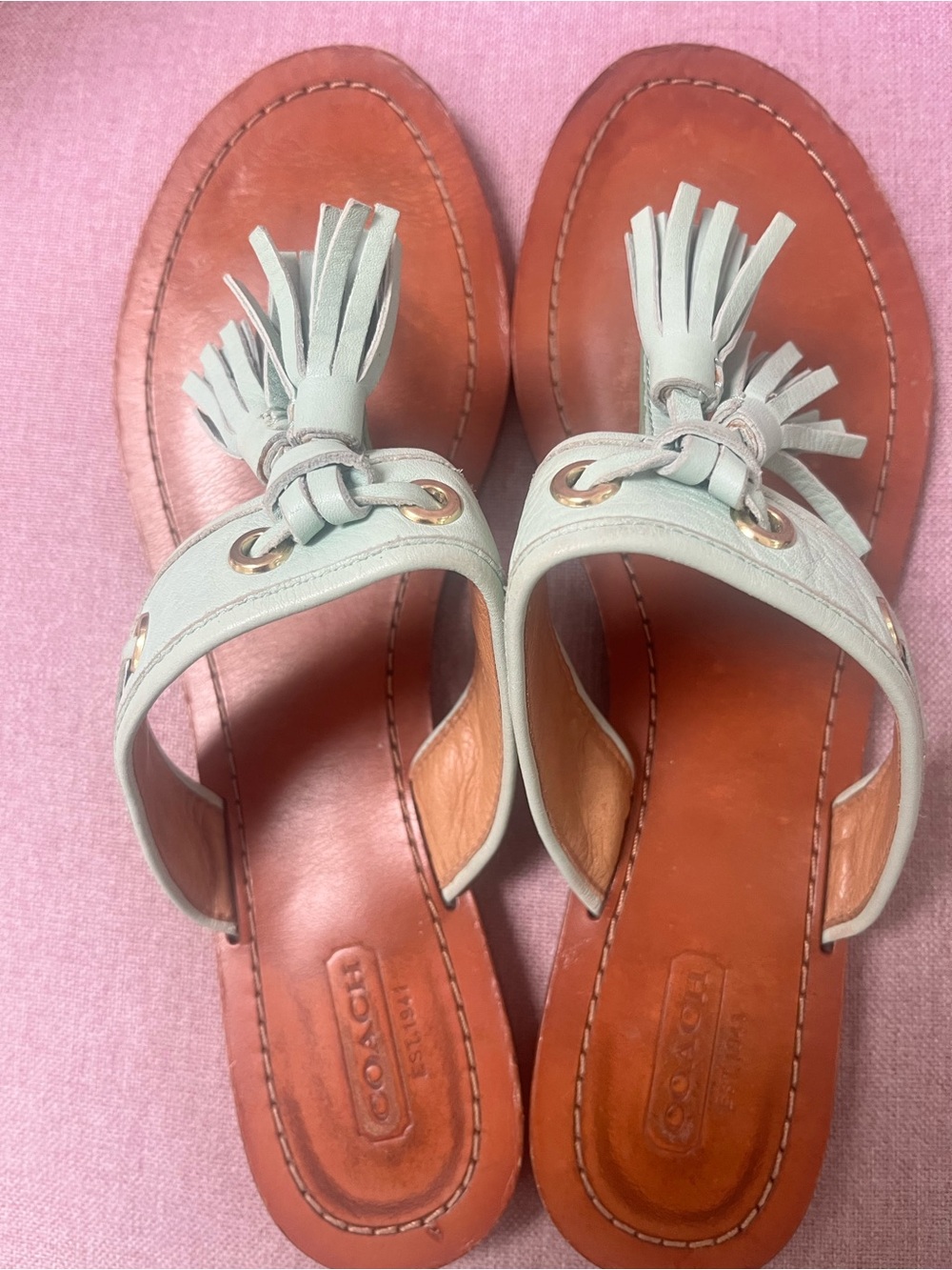 Coach Mint Leather Tassel Slide Sandals with Gold-Tone Eyelets